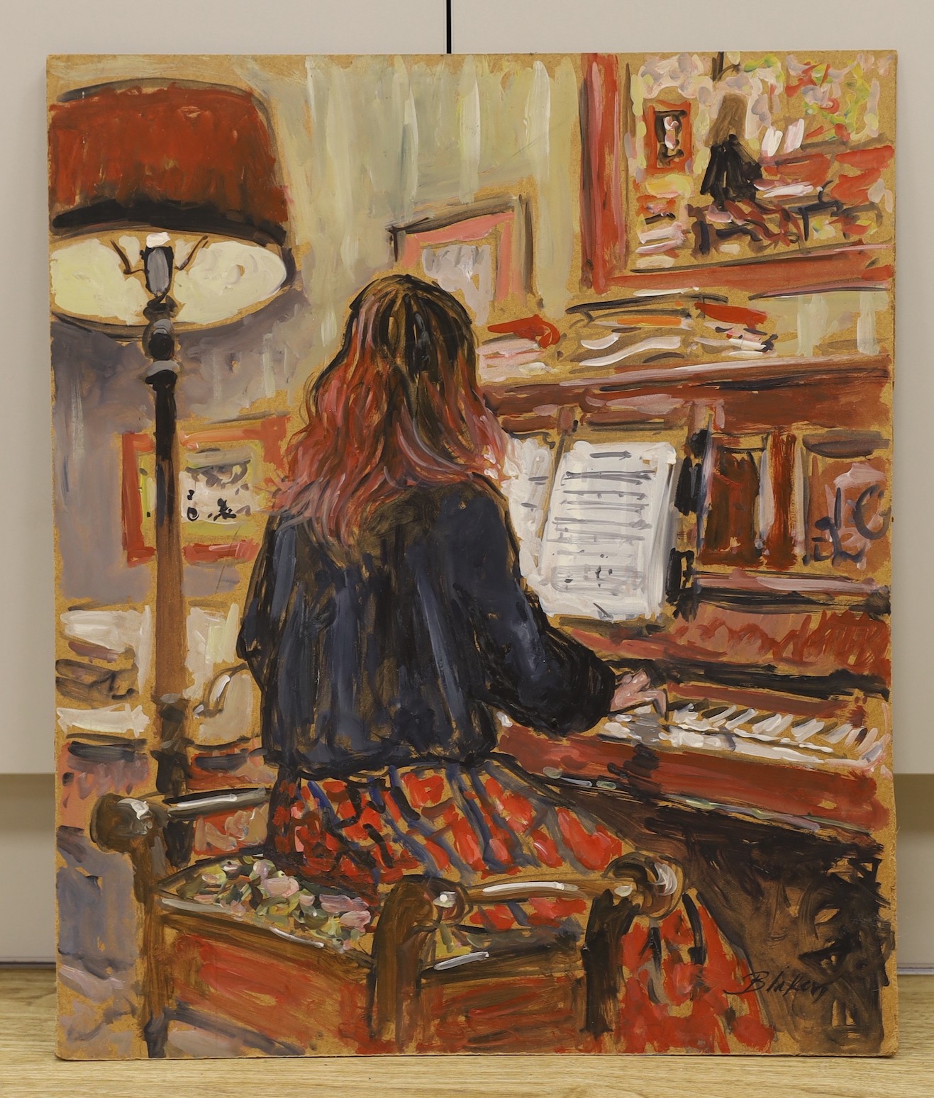 Michael Blaker (1928-2018) - Catriona at the piano, oil on board, signed, unframed, 60 x 50.5cm